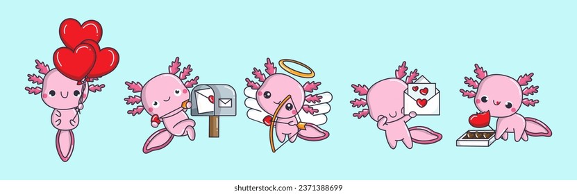 Colección de arte vectorial Axolotl. Conjunto de Ilustración Aislada de Clásicos Anfibios. Animales vectores pequeños enamorados 