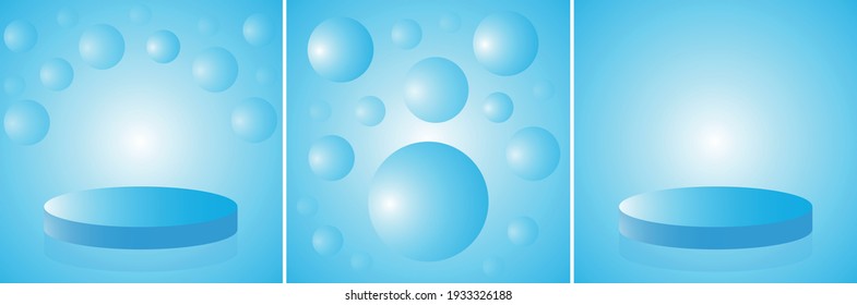 Collection of vector backgrounds in white-blue tones. Podium for product presentation and abstract spheres. Minimal style.