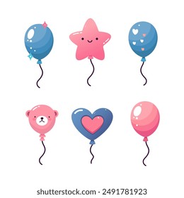 A collection of vector balloon illustrations with adorable, simple, brightly colored designs and often with cute faces. Can be enlarged or reduced without losing quality, digital decoration.