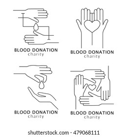 Collection of vector banner templates with blood donation. Sign and symbol vector illustration. Hands in trendy linear style isolated on white background.