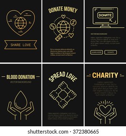 Collection of vector banner templates with charity objects. Poster for non-profit organizaiton, fundraising event, volunteer centre. Vector line style illustration.