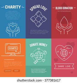 Collection of vector banner templates with charity objects. Poster for non-profit organizaiton, fundraising event, volunteer centre. Vector line style illustration.