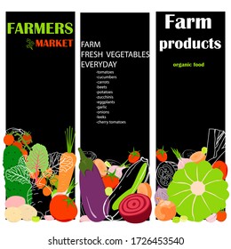 Colección de banners vectoriales. Concepto de alimentación saludable. Apoyo al mercado de los agricultores. Verduras en un fondo negro.