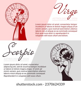 Colección de banners vectoriales y plantillas con ilustraciones monocromáticas a mano de mujeres hermosas. Conceptos de signos zodiacos y astrológicos.