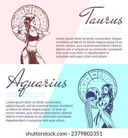 Sammlung von Vektorbannern und Vorlagen mit handgezeichneten monochromen Illustrationen von schönen Frauen. Konzepte von zodiaktischen und astrologischen Zeichen.