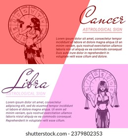Sammlung von Vektorbannern und Vorlagen mit handgezeichneten monochromen Illustrationen von schönen Frauen. Konzepte von zodiaktischen und astrologischen Zeichen.