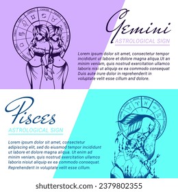 Sammlung von Vektorbannern und Vorlagen mit handgezeichneten monochromen Illustrationen von schönen Frauen. Konzepte von zodiaktischen und astrologischen Zeichen.