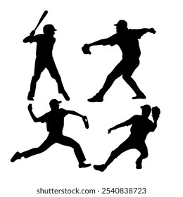 Collection of vector baseball pitchers in action poses, ready to hit baseball, isolated silhouettes side view and motion poses