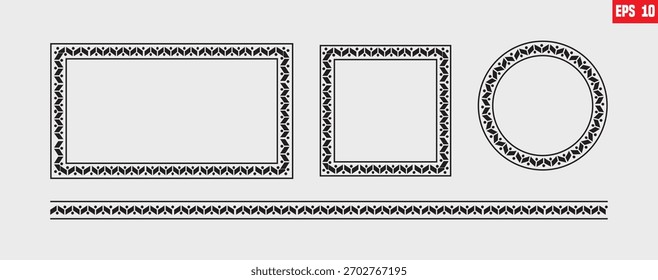 Collection of vector based decorative borders and frames, rendered in black outline, The designs utilize a continuous, repeating geometric pattern, commonly referred to as a Greek key or meander motif