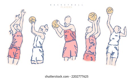 Collection of vector basketball players. Women's sport. Sketches of girls.