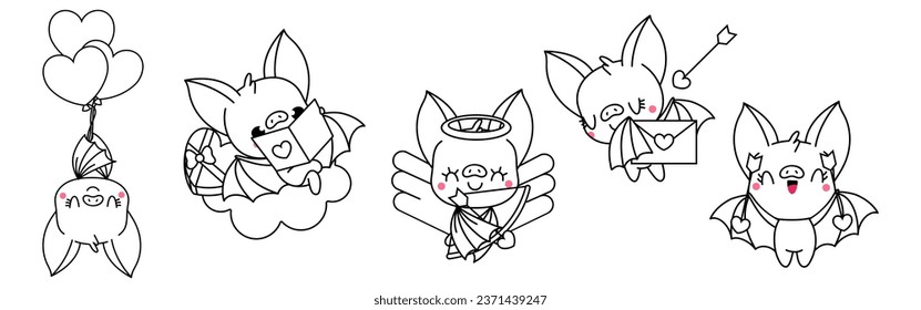 Collection of Vector Bat Outline Art. Set of Isolated Animal Coloring Page Illustration. Cute Vector Animals in Love for Coloring Book 