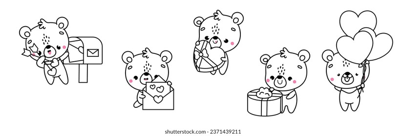 Collection of Vector Bear Outline Art. Set of Isolated Bear Coloring Page Illustration. Cute Vector Animals in Love for Coloring Book 