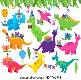 Colección de dinosaurios y decoraciones vectoriales de cumpleaños