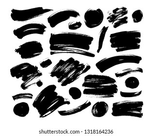 Collection of vector black brush stroke, line or texture. Dirty artistic design element, shapes, background for text. Ink illustration. Vector paintbrush set. 