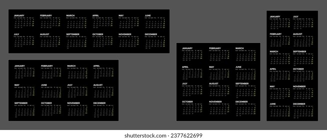 Collection of vector black calendar layout templates for the year 2024 (weeks starts on monday). Four layout versions of dark template with all calendar months - simple minimalistic calendar template