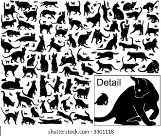 Collection of vector black cats in various positions with basic outlines included