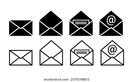 Collection of vector black envelope icons. Closed, open, with letter and email symbol. White background.