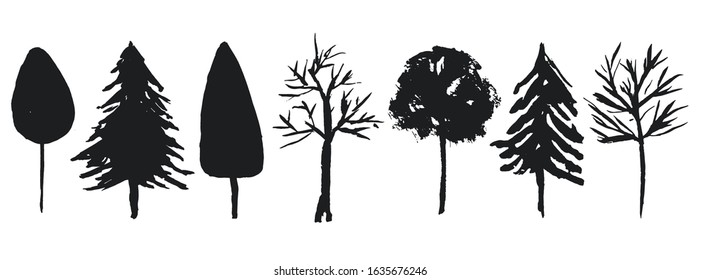 Collection of vector black hand drawn ink trees silhouettes. Forest birch, oak, fir, spruce tree symbols for nature design, stickers, textile pattern decor