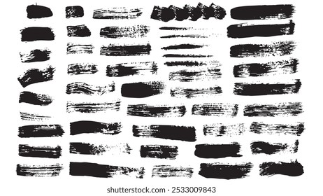 Collection of vector black ink brush strokes and banners, hand drawn thick grunge lines and rectangular shapes, abstract geometric straight brush strokes and bold lines, grunge set of strokes for text