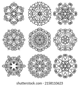 Collection of vector black rounded floral ornaments isolated on white background. Beautiful floral wreaths for logo design, vignettes, greeting cards, invitations, plates, printing on paper, textile