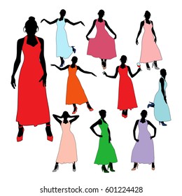 Collection of vector black silhouettes of beautiful slim women in dress on white background.