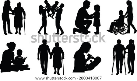 A collection of vector black silhouettes depicting scenes of caregiving, parenting, senior support, and medical assistance. This versatile graphic set is perfect for healthcare brochures, family counseling advertisements, social services, and community wellness designs.