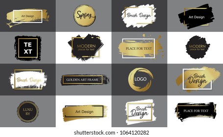Collection Of Vector Black, White And Gold  Paint, Ink Brush Stroke, Line Or Texture With Frame. Dirty Artistic Design Element, Box Or Background For Text.