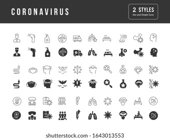 Collection of vector black and white icons of coronavirus in simple design for mobile concepts, web and applications. Set modern logos and pictograms.