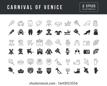 Collection of vector black and white icons of carnival of venice in simple design for mobile concepts, web and applications. Set modern logos and pictograms.
