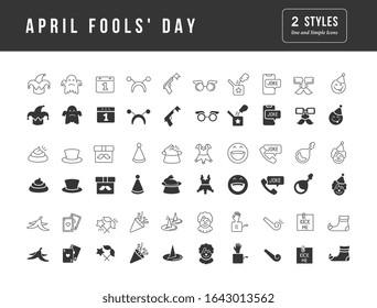 Collection of vector black and white icons of april fool's day in simple design for mobile concepts, web and applications. Set modern logos and pictograms.