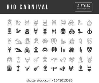 Collection of vector black and white icons of rio carnival in simple design for mobile concepts, web and applications. Set modern logos and pictograms.