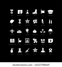 Colección de iconos vectoriales en blanco y negro del día de la victoria en un diseño simple para conceptos móviles, web y aplicaciones. Establezca logotipos y pictogramas modernos.