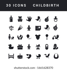 Collection of vector black and white icons of childbirth in simple design for mobile concepts, web and applications. Set modern logos and pictograms.