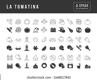 Collection of vector black and white icons of la tomatina in simple design for mobile concepts, web and applications. Set modern logos and pictograms.