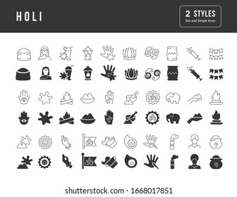 Collection of vector black and white icons of holi in simple design for mobile concepts, web and applications. Set modern logos and pictograms.