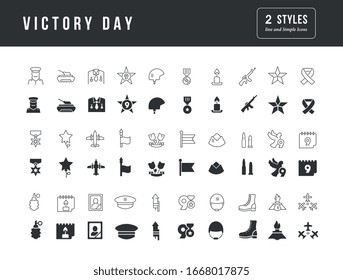 Colección de iconos vectoriales en blanco y negro del día de la victoria en un diseño simple para conceptos móviles, web y aplicaciones. Establezca logotipos y pictogramas modernos.