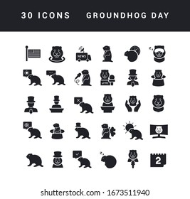 Collection of vector black and white icons of groundhog day in simple design for mobile concepts, web and applications. Set modern logos and pictograms.