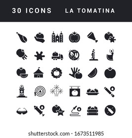 Collection of vector black and white icons of la tomatina in simple design for mobile concepts, web and applications. Set modern logos and pictograms.