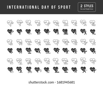 Collection of vector black and white icons of international day of sport in simple design for mobile concepts, web and applications. Set modern logos and pictograms.