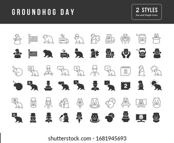 Collection of vector black and white icons of groundhog day in simple design for mobile concepts, web and applications. Set modern logos and pictograms.