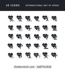 Collection of vector black and white icons of international day of sport in simple design for mobile concepts, web and applications. Set modern logos and pictograms.