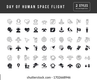 Collection of vector black and white icons of day of human space flight in simple design for mobile concepts, web and applications. Set modern logos and pictograms.