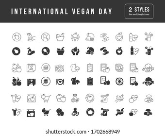Collection of vector black and white icons of international vegan day in simple design for mobile concepts, web and applications. Set modern logos and pictograms.