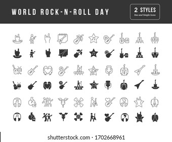 Collection of vector black and white icons of world rock-n-roll day in simple design for mobile concepts, web and applications. Set modern logos and pictograms.