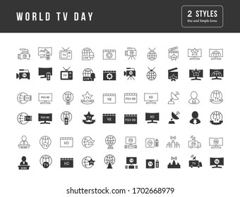 Collection of vector black and white icons of world tv day in simple design for mobile concepts, web and applications. Set modern logos and pictograms.