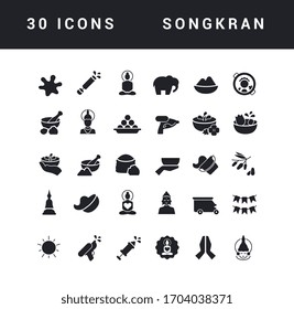 Collection of vector black and white icons of songkran in simple design for mobile concepts, web and applications. Set modern logos and pictograms.