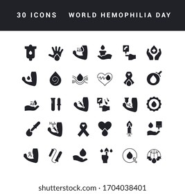 Colección de iconos vectoriales en blanco y negro del día mundial de la hemofilia en diseño simple para conceptos móviles, web y aplicaciones. Establezca logotipos y pictogramas modernos.