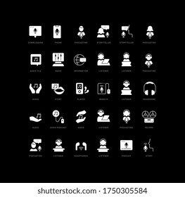 Colección de iconos vectoriales en blanco y negro de podcast en diseño simple para conceptos móviles, web y aplicaciones. Establezca logotipos y pictogramas modernos.