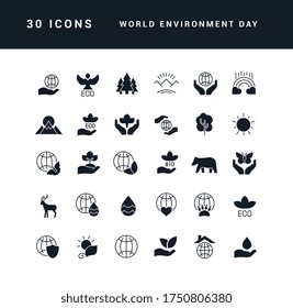 Collection of vector black and white icons of world environment day in simple design for mobile concepts, web and applications. Set modern logos and pictograms.
