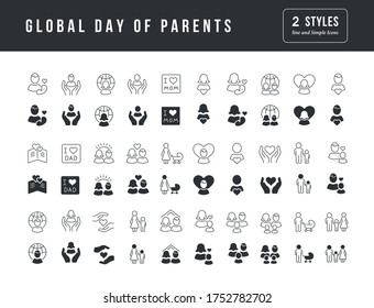 Collection of vector black and white icons of global day of parents in simple design for mobile concepts, web and applications. Set modern logos and pictograms.